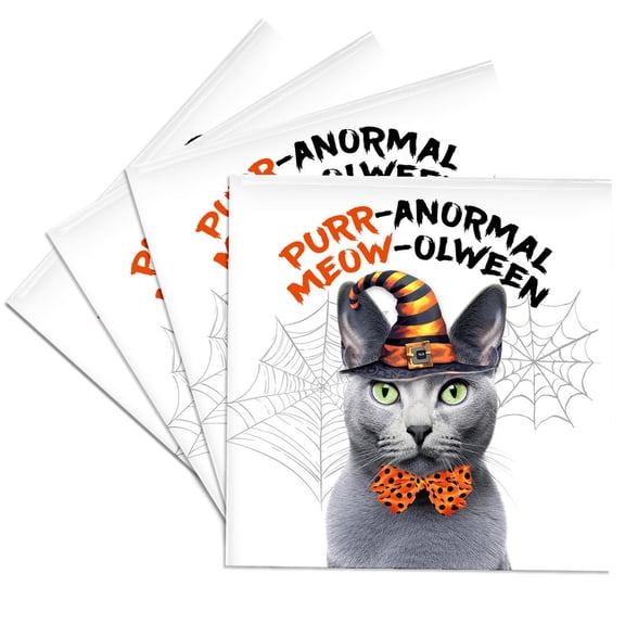3dRose, Sweet Halloween Cat is a Gray Russian Blue in a Witch Hat, Set of 4 Ceramic Tile Coasters