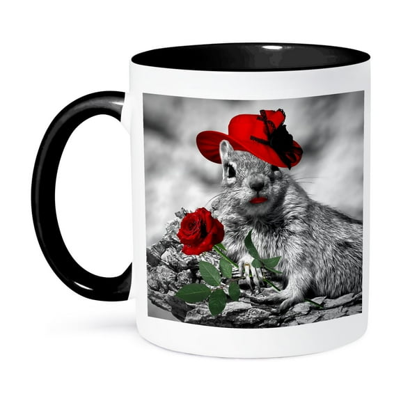 3dRose, Sweet lady squirrel in a red hat with a red rose is adorable in this zany digital composition., 11oz Two-Tone Black Mug