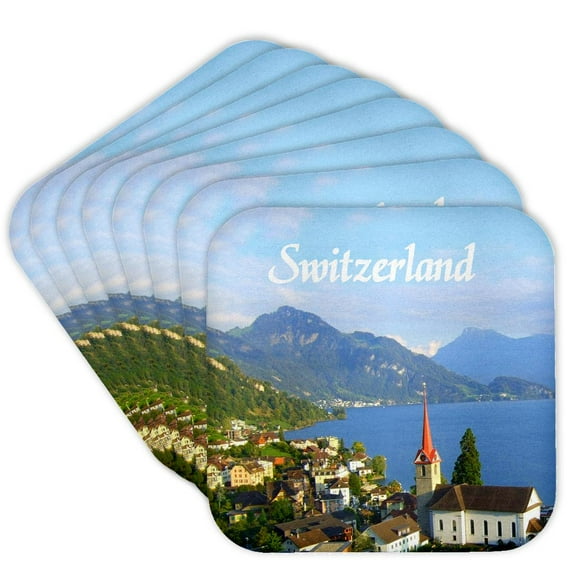 3drose, Switzerland Tourist Travel Souvenir - Swiss Landscape Photo of Pretty Lake Town Weggis Near Lucerne, Set of 8 Coasters - Soft