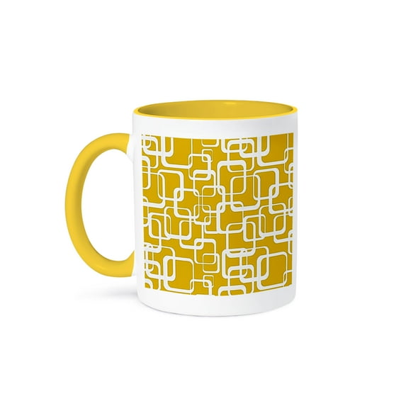 3drose, Symmetrical Geometric Design Green Grey White, 15oz Two-tone Yellow Mug