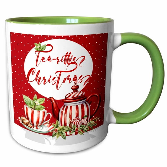 3drose, Teariffic Christmas for the Tea Lover in Red and White Polka Dots, 11oz Two-tone Green Mug