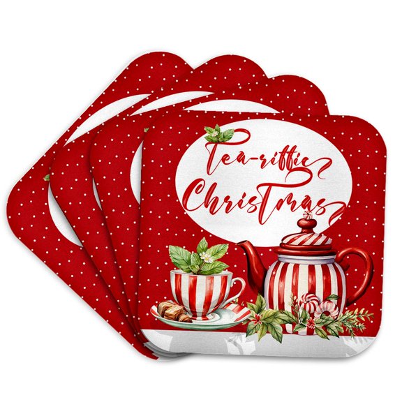 3drose, Teariffic Christmas for the Tea Lover in Red and White Polka Dots, Set of 4 Coasters - Soft