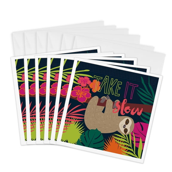 3drose, Take It Slow - Tropical Sloth, 6 Greeting Cards with Envelopes