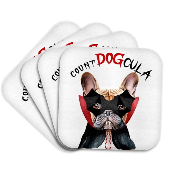 3dRose, Tan Frenchie dog looks so cute dressed up as a vampire for Halloween., Set of 4 Coasters - Soft