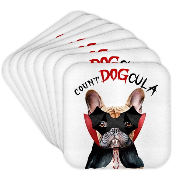 3dRose, Tan Frenchie dog looks so cute dressed up as a vampire for Halloween., Set of 8 Coasters - Soft