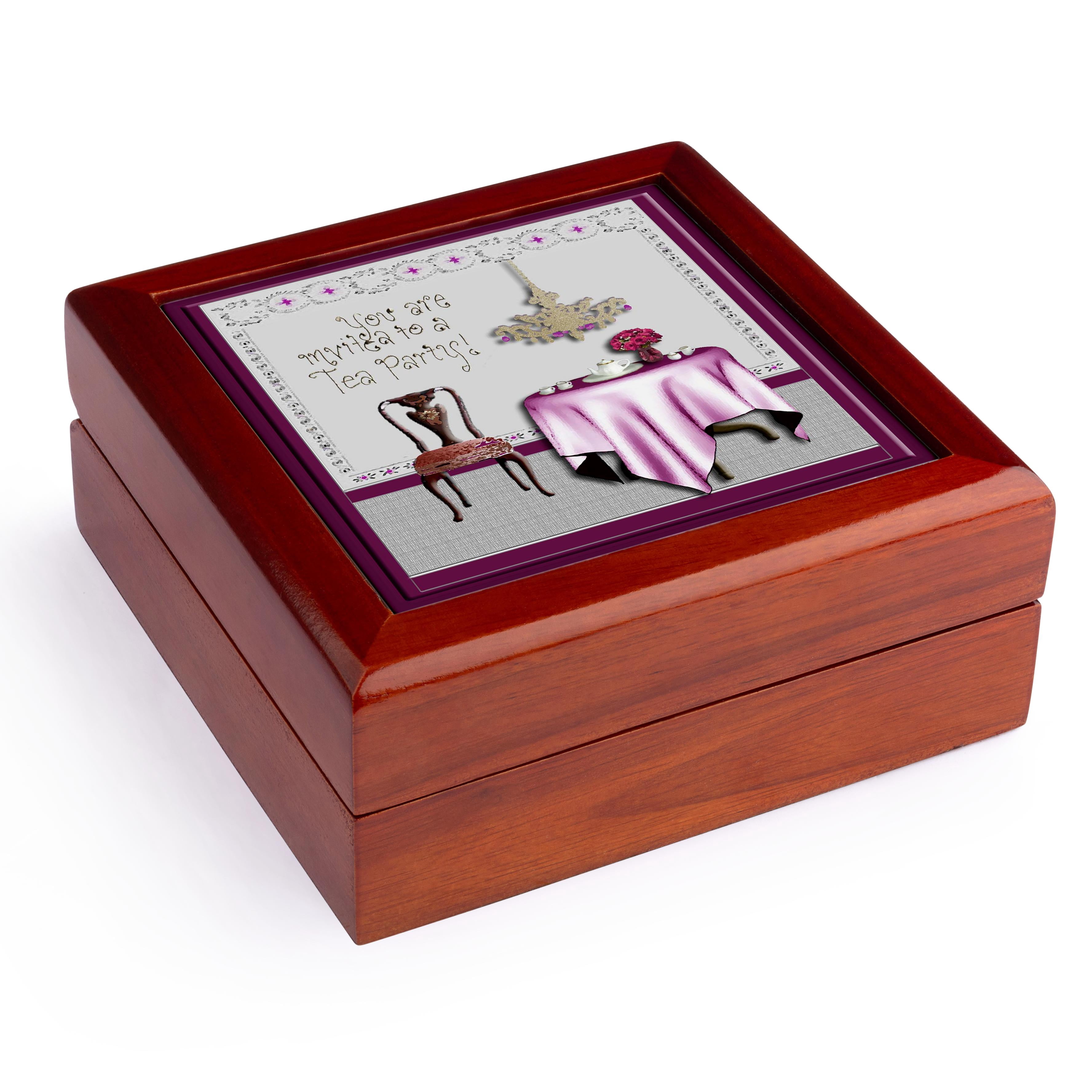 3dRose, Tea Party Invitation Tea Party Room Pink, Jewelry Box 5.5x5.5 inch with 4 inch tile
