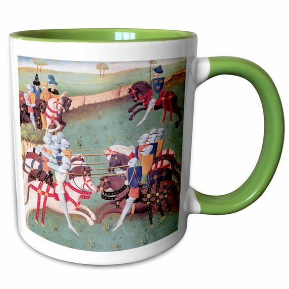 3drose, Teaching Knights to Joust, from the Roman Du Sait Graal by French School, 11oz Two-tone Green Mug