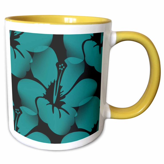 3drose, Teal Blue Tropical Hibiscus Flowers - Floral Art - Hawaiian, 11oz Two-tone Yellow Mug