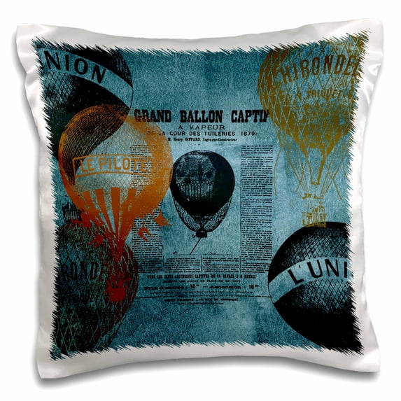 3dRose, Teal Vintage Hot Air Balloons, 16x16 inch Pillow Case