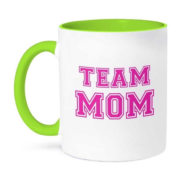 3dRose, Team Mom - hot pink girly retro sporty or college sports font - gifts for moms good for mothers day, 15oz Two-Tone Green Mug