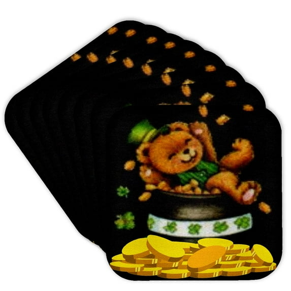 3drose, Teddy Bear Sitting in Pot of Gold Coins, Set of 8 Coasters - Soft