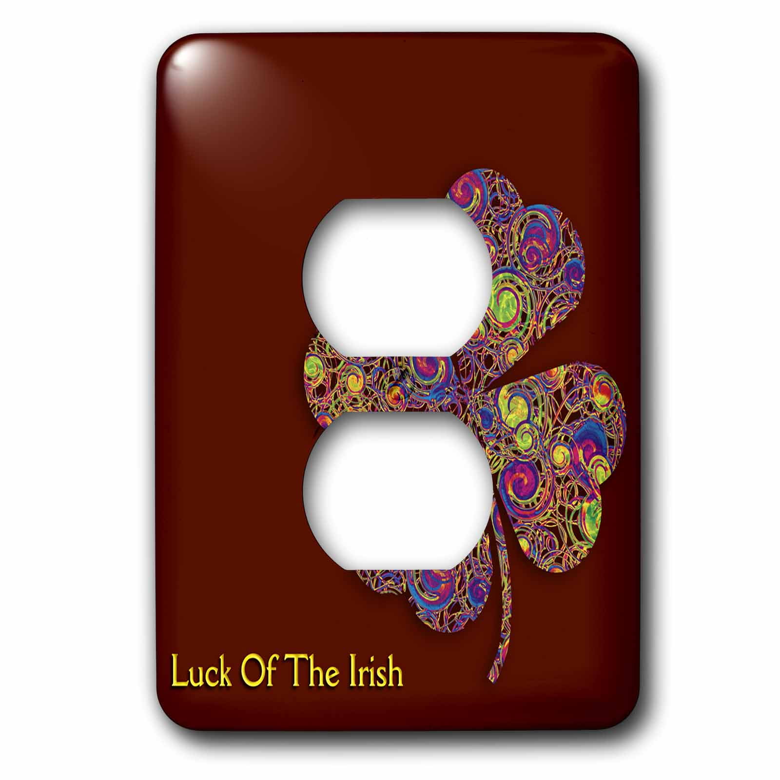 3dRose, Text Luck of The Irish. Chic clovers (colorful) on dark red background, 2 plug outlet cover