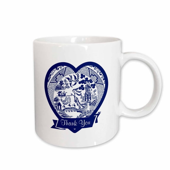3drose, Thank You- Blue Willow Pattern Heart with Text Ribbon on White, 11oz Mug