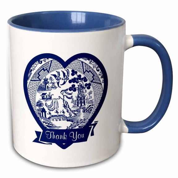3drose, Thank You- Blue Willow Pattern Heart with Text Ribbon on White, 15oz Two-tone Blue Mug