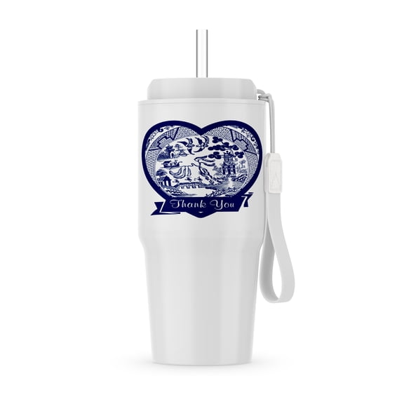Thank You- Blue Willow Pattern Heart With Text Ribbon On White, 20oz Tumbler