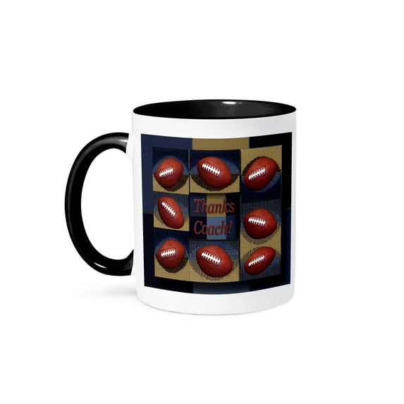 3dRose, Thanks Coach, Football, Blue and Tan Design , 15oz Two-Tone Black Mug