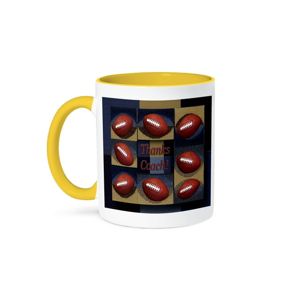 3dRose, Thanks Coach, Football, Blue and Tan Design , 15oz Two-Tone Yellow Mug