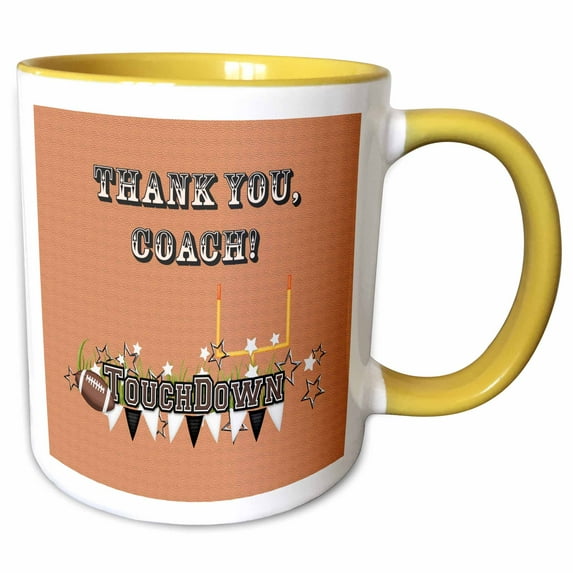 3drose, Thanks Coach, Football Touchdown Goal Post, Flags and Stars, Coral, 11oz Two-tone Yellow Mug