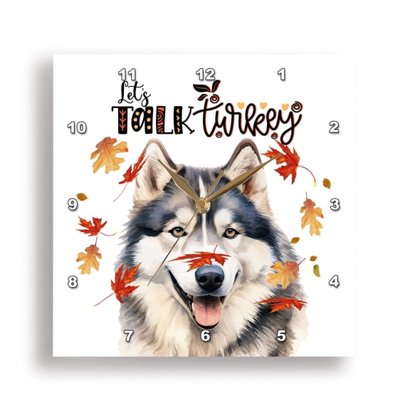 3dRose, Thanksgiving Malamute Dog Loves Thanksgiving Turkey, 15x15 Wall Clock