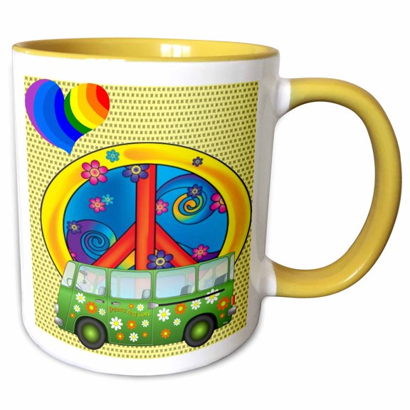 3drose, the 60s Peace,love,flower Power Van and Peace Sign Art, 11oz Two-tone Yellow Mug