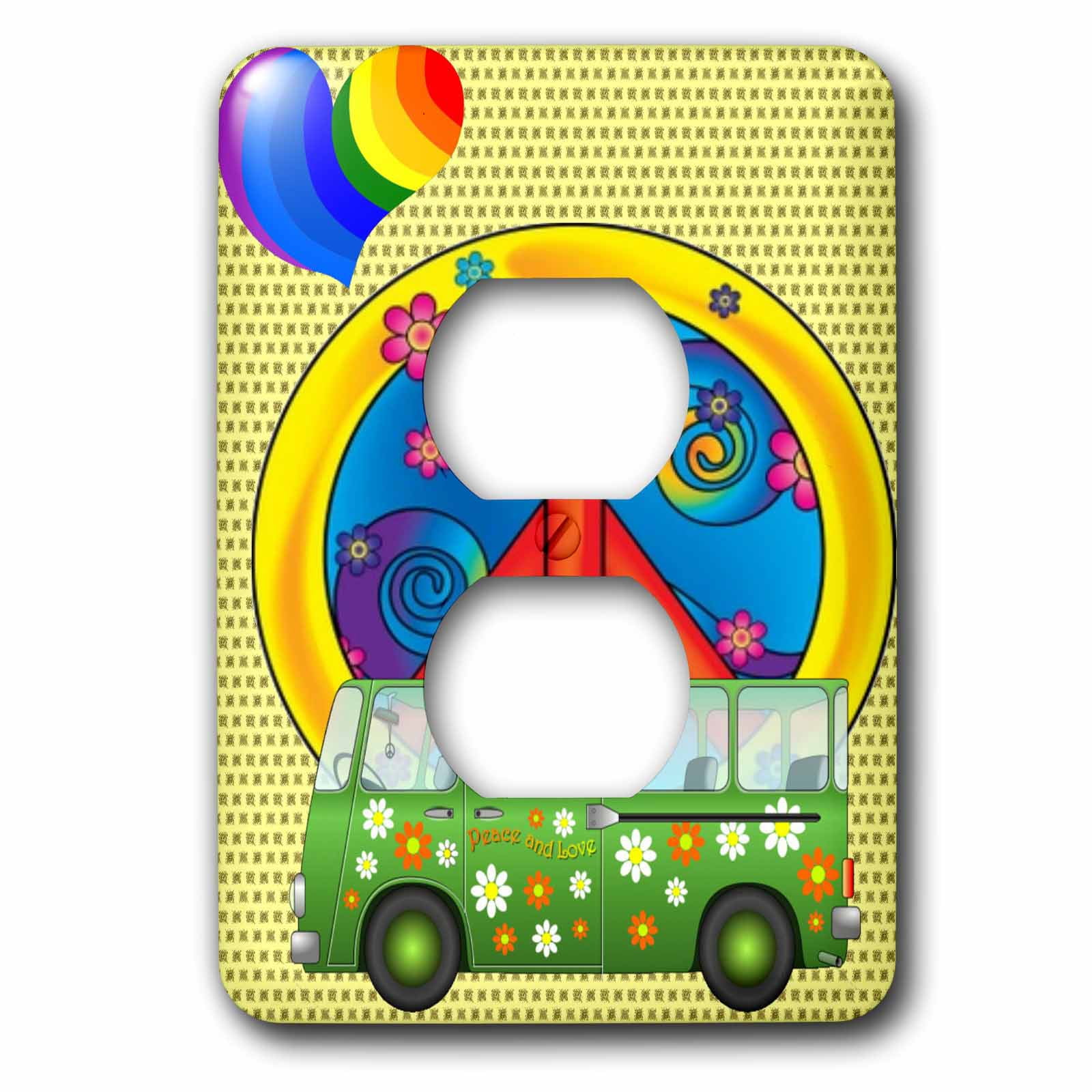 3dRose, The 60s Peace,love,flower power van and peace sign art, 2 plug outlet cover