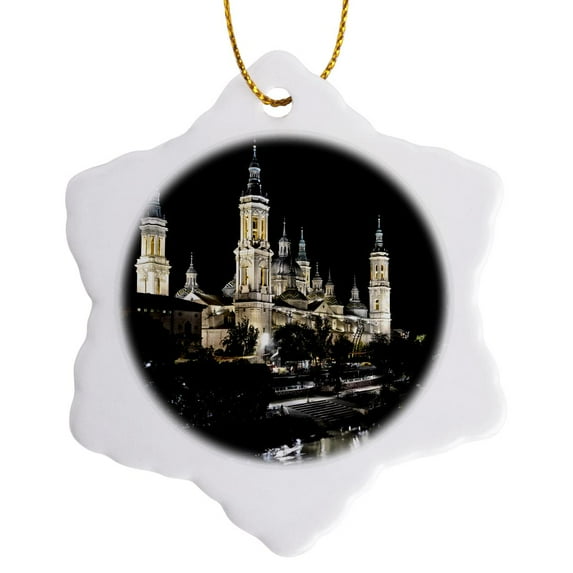 3drose, the Basilic of El Pillar and the Ebro River in Saragosa Spain, 3 inch Snowflake Porcelain Ornament