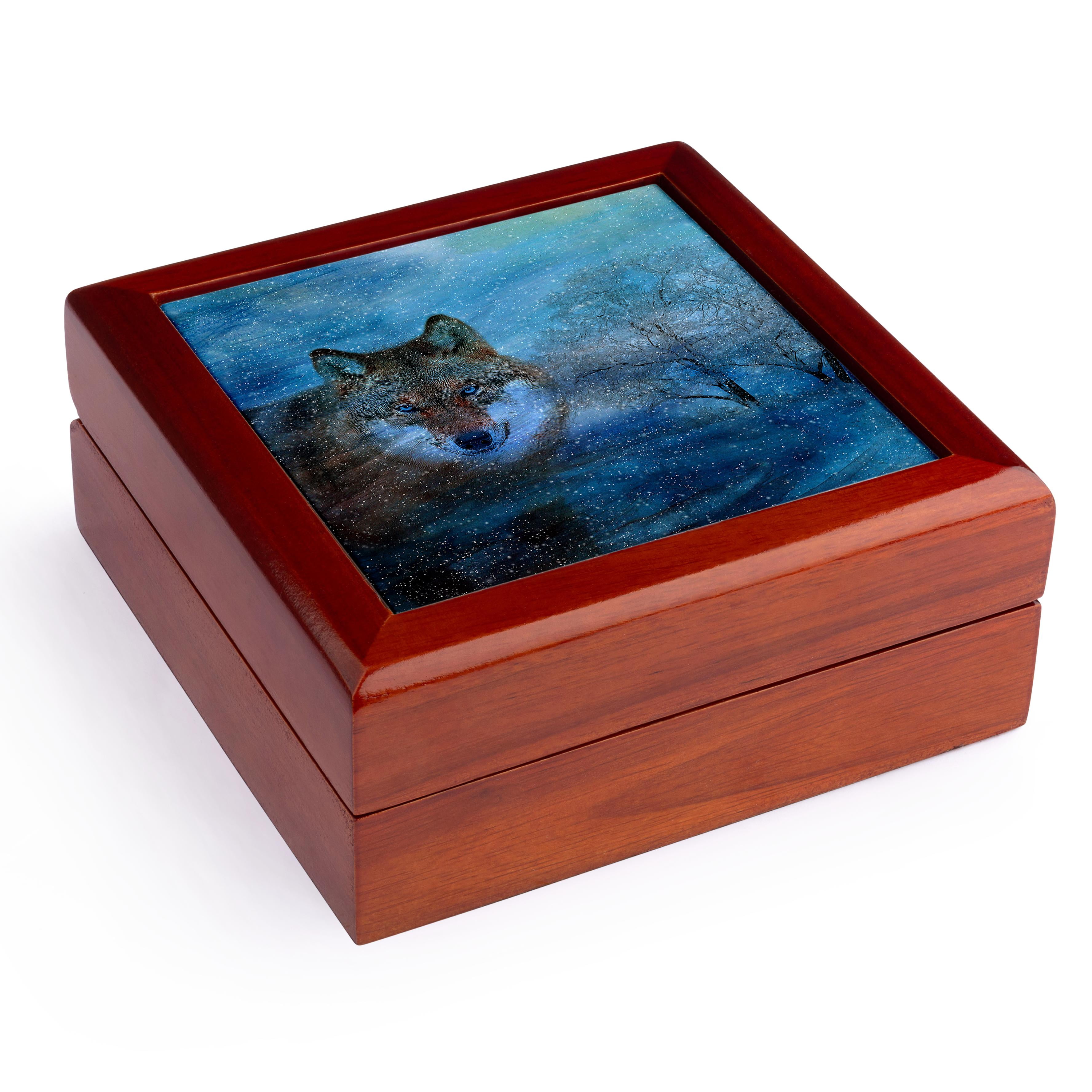 3dRose, The Blue Wolf is a digital composition of six photographic elements., Jewelry Box 5.5x5.5 inch with 4 inch tile