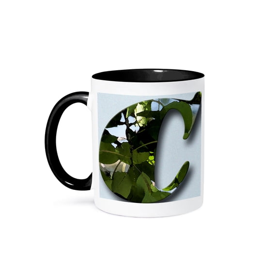 3dRose, The Capital Letter C with flowers and leaves in it, 15oz Two-Tone Black Mug