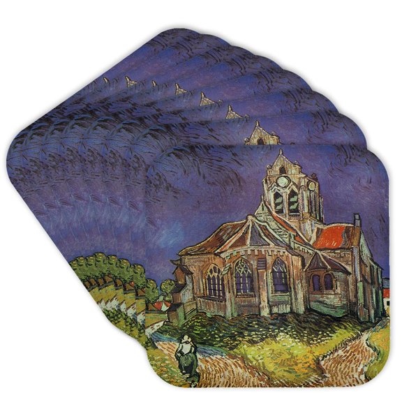 3dRose, The Church at Auvers by Vincent Van Gogh, Set of 8 Coasters - Soft