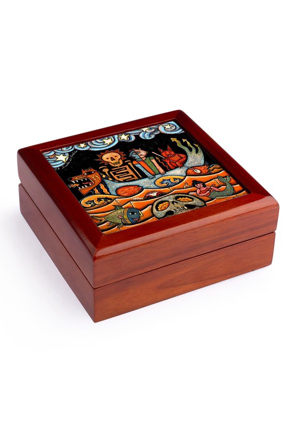 , The Devil s Dream folk art skulls mexican colorful surrealism, Jewelry Box 5.5x5.5 inch with 4 inch tile