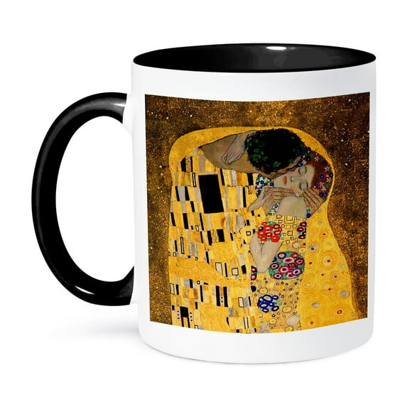 3dRose, The Kiss c 1907 by Gustav Klimt - romantic lovers embrace - romance - gold famous classical fine art, 15oz Two-Tone Black Mug