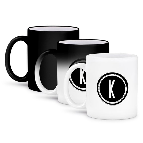 3dRose, The letter K monogram, Black letter K on white background, 11oz Magic Transforming Mug