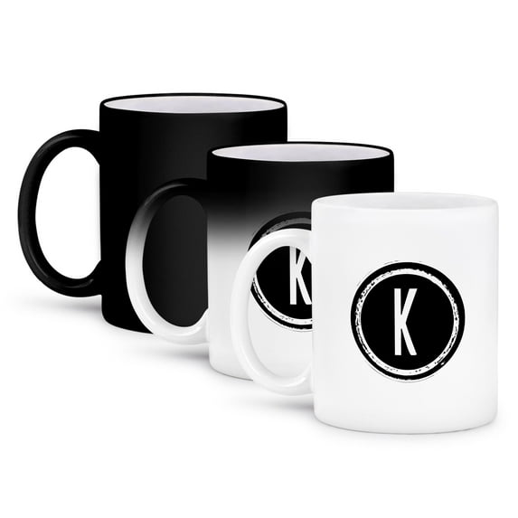 3dRose, The letter K monogram, Black letter K on white background, 11oz Magic Transforming Mug