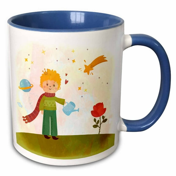 3drose, the Little Prince - Boy Watering Flowers Watercolor Illustration, 15oz Two-tone Blue Mug