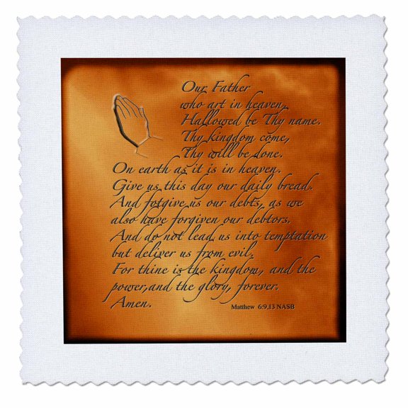 3dRose, The Lords Prayer Matthew 6 9 13 Prayer Hands and verse embossed on copper, 6x6 inch quilt square