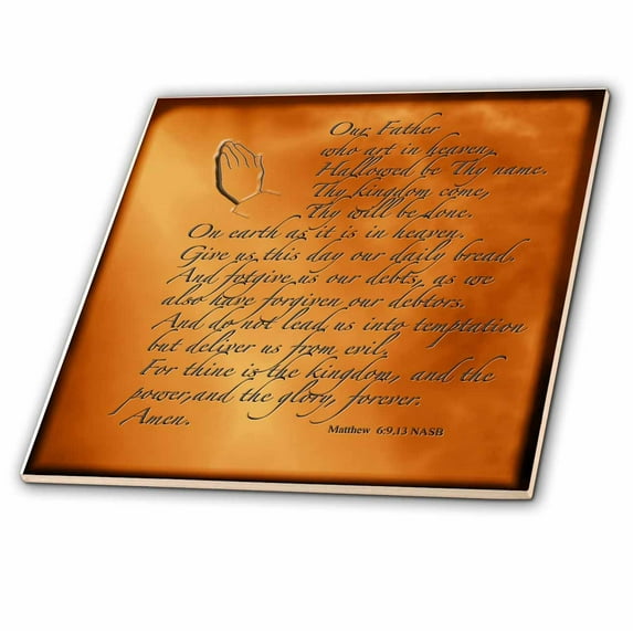 3dRose, The Lords Prayer Matthew 6 9 13 Prayer Hands and verse embossed on copper, 4 Inch Ceramic Tile