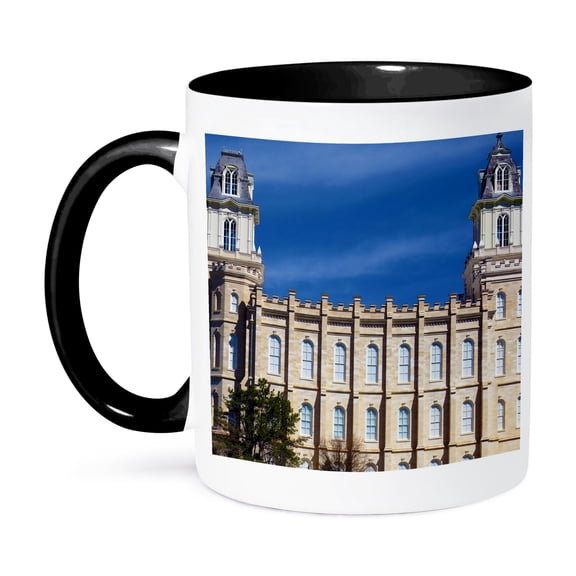 3dRose, The Manti Temple in Utah on a dark blue sky, 15oz Two-Tone Black Mug