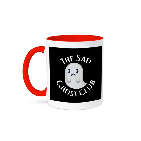 3dRose, The Sad Ghost Club with a sad ghost clipart on a black background., 11oz Two-Tone Red Mug