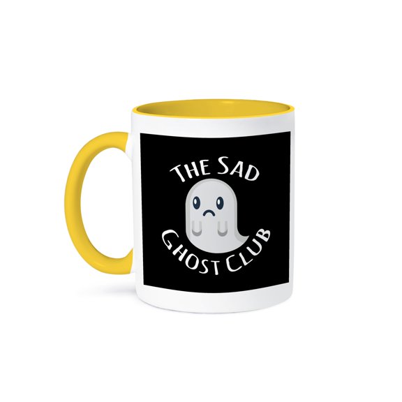 3dRose, The Sad Ghost Club with a sad ghost clipart on a black background., 15oz Two-Tone Yellow Mug
