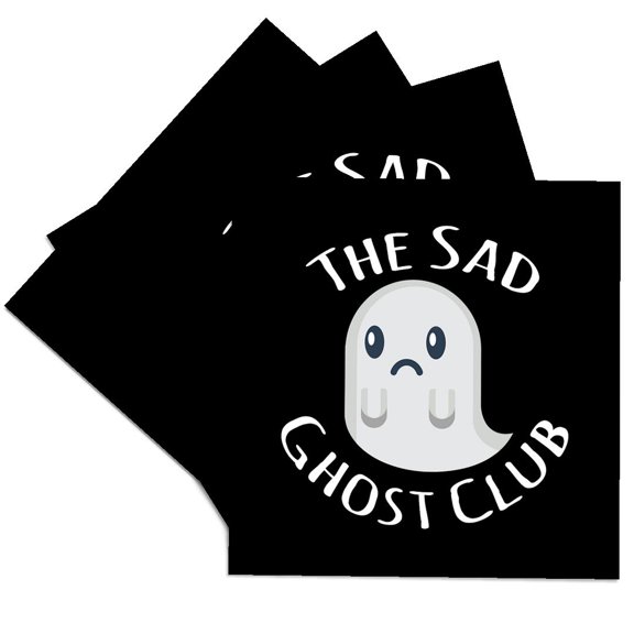 3dRose, The Sad Ghost Club with a sad ghost clipart on a black background., Set of 4 Ceramic Tile Coasters