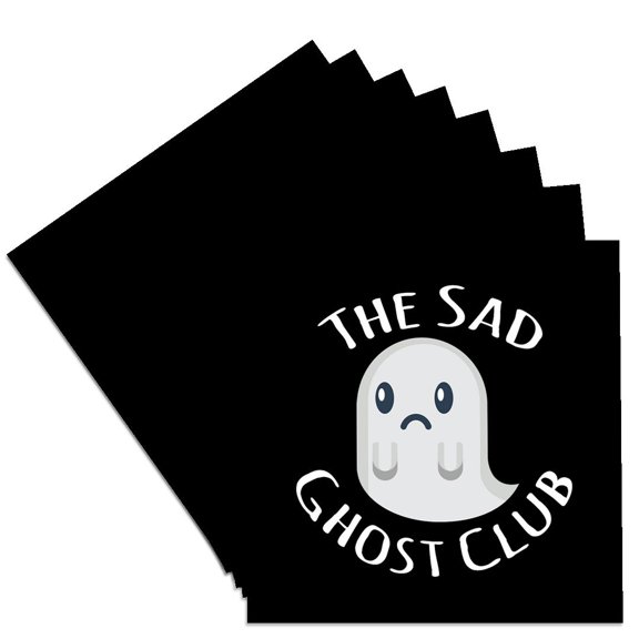 3dRose, The Sad Ghost Club with a sad ghost clipart on a black background., Set of 8 Ceramic Tile Coasters