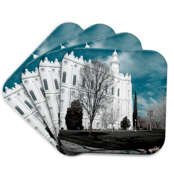3dRose, The St. George, Utah LDS Temple for the Church of Jesus Christ of Latter Day Saints in Cool Tones, Set of 4 Coasters - Soft