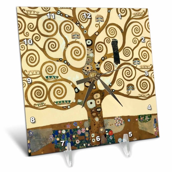 3dRose, The Tree of Life 1909 by Gustav Klimt - stylish swirling branches - brown - fine art deco swirls, 6x6 Desk Clock