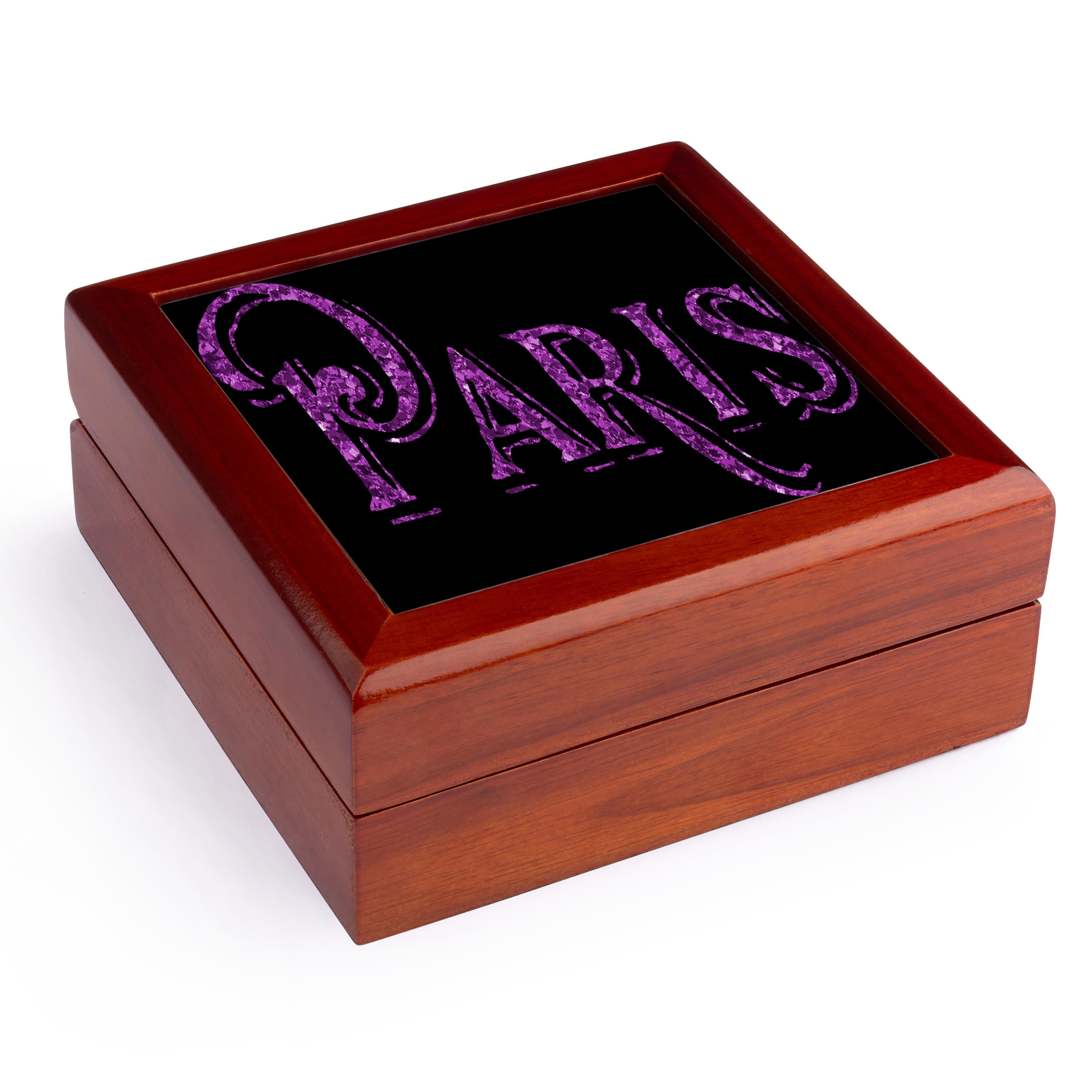 3dRose, The Word Paris In Purple, Jewelry Box 5.5x5.5 inch with 4 inch tile