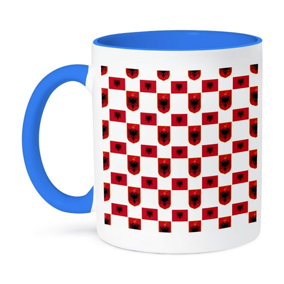 3dRose, The flag and Coat of Arms of the Republic of Albania make a colorful patriotic Albanian pattern, 15oz Two-Tone Blue Mug