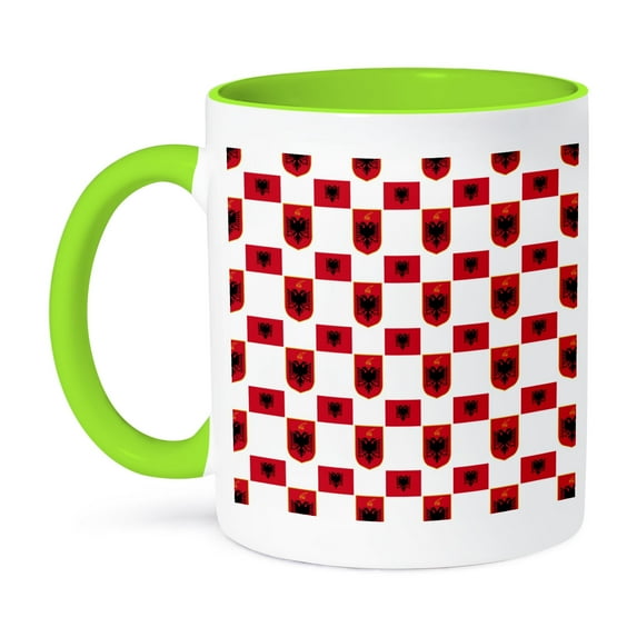 3dRose, The flag and Coat of Arms of the Republic of Albania make a colorful patriotic Albanian pattern, 15oz Two-Tone Green Mug