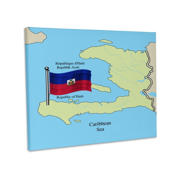 3dRose, The flag, map of Haiti with the Republic of Haiti in English, French, Haitian Creole, Museum Grade Canvas Wrap 20x16