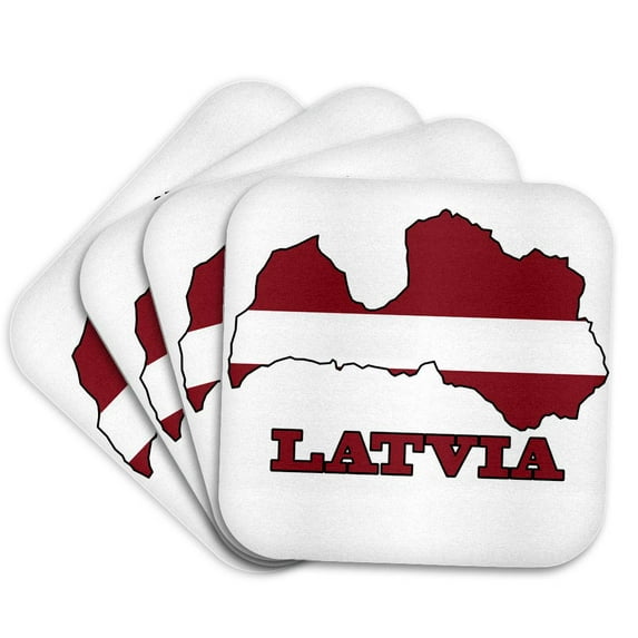 3dRose, The flag of Latvia in the outline map of the country and name Latvia, Set of 4 Coasters - Soft