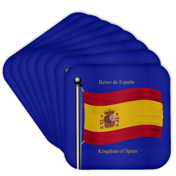 3dRose, The flag of Spain on a blue background with Kingdom of Spain in English and Spanish. , set of 8 Coasters - Soft