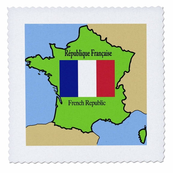 3dRose, The map and flag of France with the French Republic printed in English and French., 10x10 inch quilt square